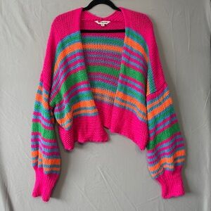 DAVI & DANI Womens Chunky Knit Multi-Striped Open Sweater Cardigan Size M Neon